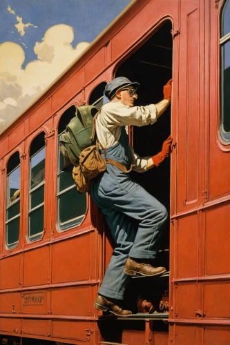 railroad engineer,baggage car,boxcar,conductor,freight car,man first bus 1916,the train,locomotion,freight,meticulous painting,railroad car,transport panel,queensland rail,train whistle,last train,train,red heart on railway,painting technique,western riding,freight wagon,Illustration,Retro,Retro 19