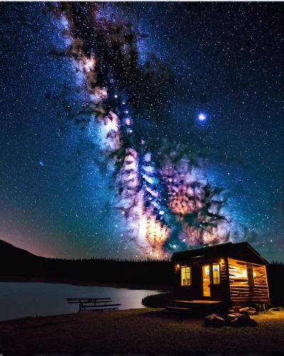 the milky way,milky way,milkyway,astronomy,starry sky,starry night,the night sky,night sky,the cabin in the mountains,meteor shower,nightsky,starfield,astrophotography,perseid,colorful stars,celestial phenomenon,astronomer,starscape,galaxy collision,night image,Illustration,Realistic Fantasy,Realistic Fantasy 07
