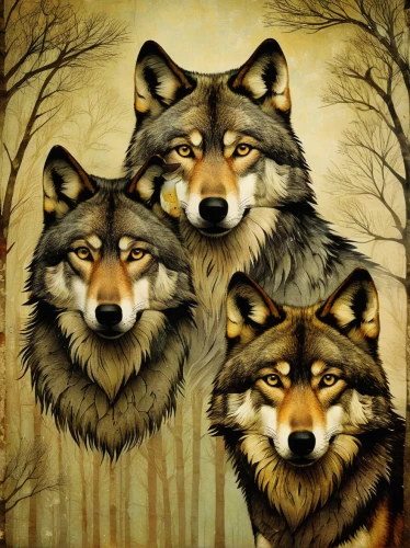 wolves,wolf pack,huskies,werewolves,canines,two wolves,canidae,wolf hunting,nightshade family,wolf couple,canis lupus,woodland animals,howling wolf,gray wolf,red wolf,speak no evil,foxes,animal faces,fox stacked animals,wolfdog,Illustration,Realistic Fantasy,Realistic Fantasy 35