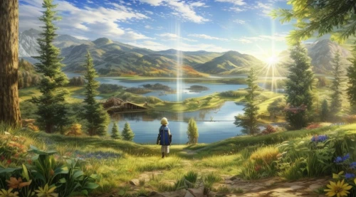 landscape background,violet evergarden,studio ghibli,forest background,beauty scene,beautiful landscape,heaven lake,the natural scenery,dream world,background view nature,meadow and forest,background image,fantasy picture,the scenery,panoramic landscape,forest of dreams,background images,high landscape,scenery,nature and man