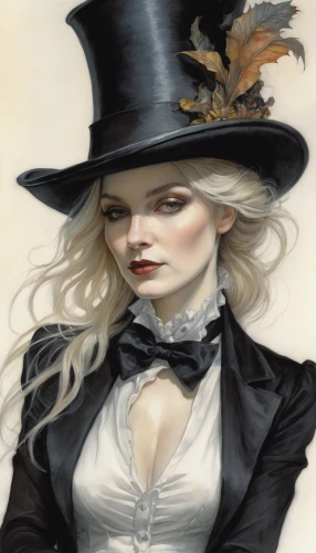 black hat,victorian lady,the hat of the woman,witch hat,the hat-female,witch's hat,hatter,witch,steampunk,black cat,the carnival of venice,stovepipe hat,gothic woman,fantasy portrait,top hat,victorian style,black crow,vampire woman,aristocrat,woman's hat,Illustration,Realistic Fantasy,Realistic Fantasy 14