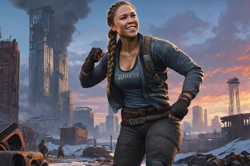 lara,post apocalyptic,nora,fallout4,katniss,girl with gun,woman holding gun,insurgent,holding a gun,girl with a gun,cargo pants,silphie,croft,sci fiction illustration,refinery,lori,rosa ' amber cover,mercenary,drone pilot,cg artwork,Conceptual Art,Fantasy,Fantasy 12