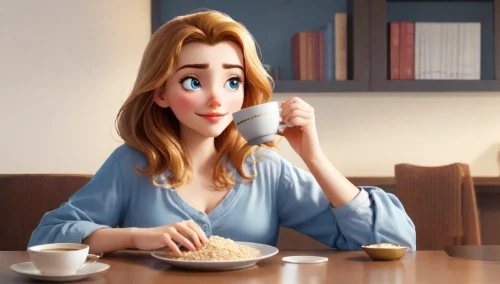 woman drinking coffee,girl with cereal bowl,cute cartoon image,cute cartoon character,animated cartoon,oat bran,avena,porridge,drinking coffee,muesli,woman eating apple,coffee break,café au lait,oat,princess anna,disney character,anime 3d,in the morning,coffee time,i love coffee