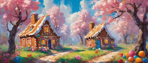 fairy village,fairy house,springtime background,home landscape,house in the forest,hanging houses,wooden houses,tulip festival,fairy forest,cottage,witch's house,fairy tale castle,sakura trees,fairy world,aurora village,cherry trees,little house,spring background,children's background,cottages,Conceptual Art,Oil color,Oil Color 10