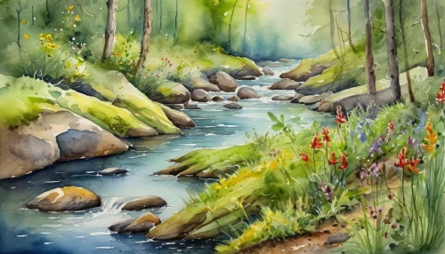 brook landscape,watercolor background,river landscape,mountain stream,flowing creek,mountain spring,a river,watercolor painting,a small waterfall,streams,the brook,nature landscape,mountain river,water color,watercolor,forest landscape,landscape background,water colors,natural landscape,riparian forest,Illustration,Paper based,Paper Based 24