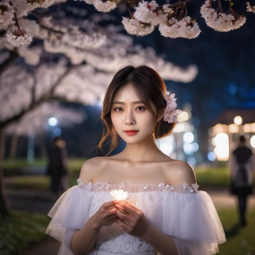 wedding photo,hanbok,sakura,holding flowers,beautiful girl with flowers,photo session at night,bridal,romantic look,bride,white blossom,silver wedding,wedding photography,night photograph,romantic portrait,wedding photographer,flower girl,wedding dress,japanese sakura background,bridal dress,the cherry blossoms,Photography,General,Natural