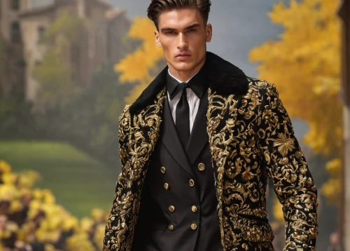 imperial coat,frock coat,suit of spades,matador,overcoat,bolero jacket,long coat,aristocrat,old coat,coat,male model,fur clothing,black coat,men's suit,bellboy,prince of wales,wedding suit,academic dress,valentino,men's wear,Illustration,Realistic Fantasy,Realistic Fantasy 32