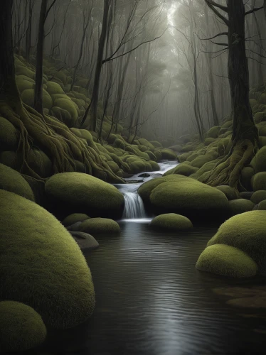 flowing creek,swampy landscape,mountain stream,brook landscape,forest landscape,fantasy landscape,riparian forest,streams,river landscape,fairytale forest,elven forest,fairy forest,the brook,green forest,world digital painting,forest moss,flowing water,black forest,foggy forest,watercourse,Illustration,Realistic Fantasy,Realistic Fantasy 17