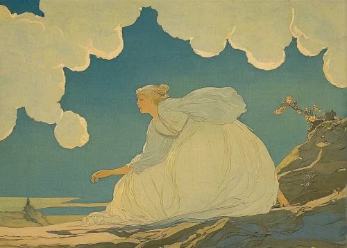 alfons mucha,mucha,rusalka,art nouveau,kate greenaway,rem in arabian nights,idyll,fantasia,art nouveau design,girl on the dune,siren,the wind from the sea,the blonde in the river,the sea maid,adrift,ethel barrymore - female,1906,woman at the well,vintage illustration,1905,Illustration,Retro,Retro 07