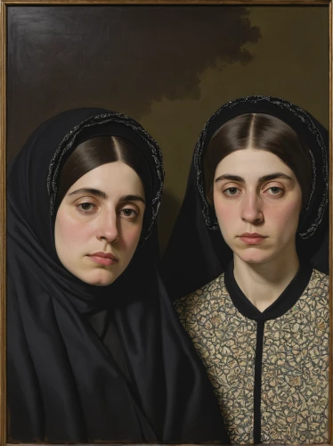 gothic portrait,two girls,bougereau,young women,young couple,the girl's face,nuns,portrait of a girl,bouguereau,holbein,flemish,19th century,candlemas,girl with cloth,paintings,xix century,droste,mother and daughter,mulberry family,kunsthistorisches museum,Conceptual Art,Oil color,Oil Color 17