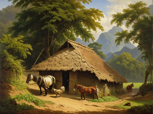iron age hut,rural landscape,village scene,home landscape,oxen,farm landscape,straw hut,traditional house,thatched cottage,village life,mountain scene,neolithic,nomadic people,farm hut,robert duncanson,traditional village,mountain village,aurochs,covered wagon,thatched roof,Art,Classical Oil Painting,Classical Oil Painting 10