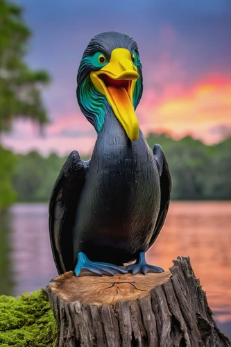 perched on a log,double crested cormorant,great cormorant,perched toucan,swainson tucan,australian pied cormorant,cormorant,american black duck,brahminy duck,tucan,tropical bird,nature bird,keel-billed toucan,cayuga duck,ornamental duck,tux,chestnut-billed toucan,toco toucan,aquatic bird,little pied cormorant,Unique,3D,Clay