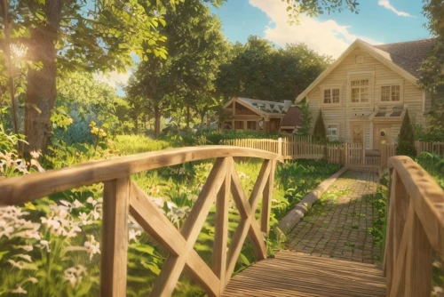 summer cottage,wooden bridge,country cottage,house in the forest,idyllic,little house,wooden path,cottage,wooden house,cottage garden,small house,home landscape,aurora village,small cabin,beautiful home,miniature house,3d render,wooden houses,idyll,escher village,Game&Anime,Pixar 3D,Pixar 3D