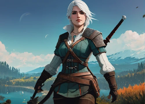 witcher,game art,elven,the wanderer,mountain guide,game illustration,adventurer,massively multiplayer online role-playing game,huntress,girl with gun,croft,gamekeeper,bow and arrows,piper,portrait background,female warrior,wanderer,plains,rosa ' amber cover,swordswoman,Illustration,Japanese style,Japanese Style 15