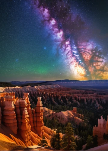 bryce canyon,fairyland canyon,the milky way,milky way,milkyway,united states national park,moon valley,valley of the moon,hoodoos,astronomy,alien planet,celestial phenomenon,alien world,grand canyon,nothern lights,night sky,starscape,cliff dwelling,fantasy landscape,beautiful landscape,Illustration,Japanese style,Japanese Style 21