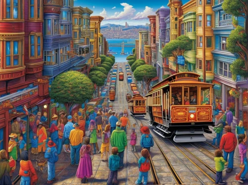 san francisco,sanfrancisco,street car,trolley train,cable car,cable cars,streetcar,tramway,tram road,trolley,tram,valparaiso,trolley bus,memphis tennessee trolley,the lisbon tram,light rail,colorful city,cablecar,trolleys,seattle,Illustration,Abstract Fantasy,Abstract Fantasy 21
