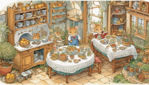 peter rabbit,doll kitchen,cat's cafe,the kitchen,kitchen,kitchen shop,gnomes at table,tearoom,nursery,watercolor tea shop,apothecary,victorian kitchen,the little girl's room,studio ghibli,fox and hare,watercolor cafe,tea party collection,food table,children's room,kitchen interior,Unique,3D,Isometric