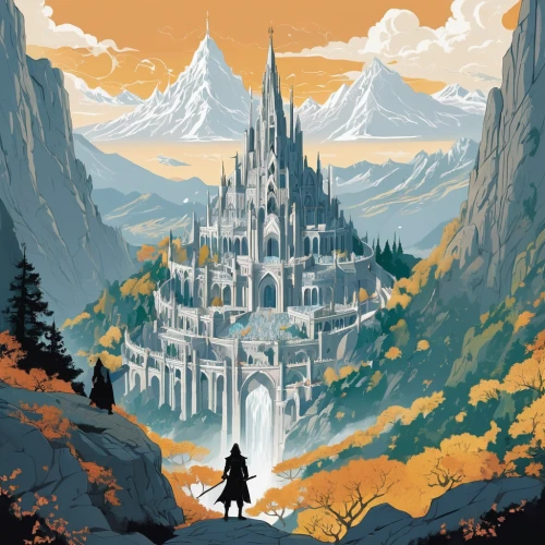 knight's castle,summit castle,travel poster,hall of the fallen,castle of the corvin,mountain world,mountain settlement,kingdom,fantasy world,portal,the throne,castle,fantasy city,pilgrimage,gold castle,knight village,citadel,fairy tale castle,castleguard,imperial shores,Illustration,Japanese style,Japanese Style 06