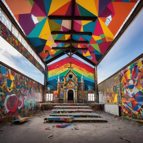 graffiti art,temple fade,psychedelic art,graffiti,kaleidoscope art,colorful facade,kaleidoscope,black church,athens art school,murals,urban art,kaleidoscopic,monastery israel,graffiti splatter,sacred art,abandoned train station,the black church,polychrome,color wall,public art,Illustration,Paper based,Paper Based 02