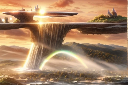 rainbow bridge,futuristic landscape,meteora,fantasy landscape,wasserfall,stargate,arc,jet d'eau,digital compositing,dragon bridge,hobbit,electric arc,dragon of earth,elves flight,fountain of friendship of peoples,fantasy picture,fantasy world,background image,heaven gate,the pillar of light