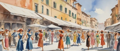 watercolor shops,italian painter,watercolor painting,watercolor women accessory,the market,watercolor,medieval market,the pied piper of hamelin,souk,large market,woman shopping,market,st mark's square,street scene,the carnival of venice,watercolor paper,souq,watercolors,watercolor paint,watercolor background,Illustration,Retro,Retro 12