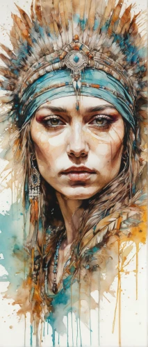 indigenous painting,tribal chief,shamanism,indian headdress,shamanic,warrior woman,headdress,american indian,the american indian,native,shaman,feather headdress,native american,boho art,pocahontas,first nation,anasazi,aborigine,amerindien,indigenous,Illustration,Paper based,Paper Based 13