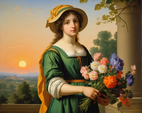 girl picking flowers,holding flowers,girl in flowers,franz winterhalter,girl in the garden,marguerite,with a bouquet of flowers,beautiful girl with flowers,portrait of a girl,girl in a wreath,portrait of a woman,young woman,flora,splendor of flowers,woman holding pie,floral greeting,bella rosa,fiori,bouquet of flowers,bougereau,Art,Classical Oil Painting,Classical Oil Painting 33