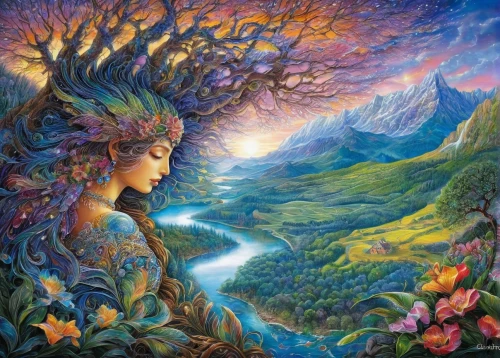 pachamama,mother earth,mantra om,shamanism,shamanic,mother nature,colorful tree of life,faerie,mystical portrait of a girl,fae,fairy peacock,fantasy art,fantasy picture,the spirit of the mountains,earth chakra,girl with tree,mountain spirit,psychedelic art,forest of dreams,astral traveler,Conceptual Art,Daily,Daily 10
