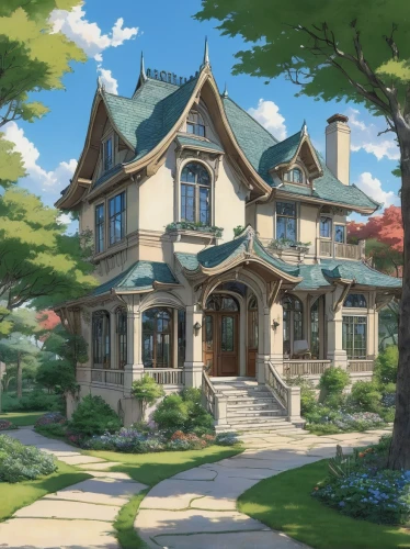violet evergarden,victorian house,beautiful home,studio ghibli,house painting,country estate,country house,house in the forest,private house,summer cottage,two story house,victorian,house in the mountains,large home,apartment house,house,house by the water,crooked house,little house,country cottage,Illustration,Japanese style,Japanese Style 14