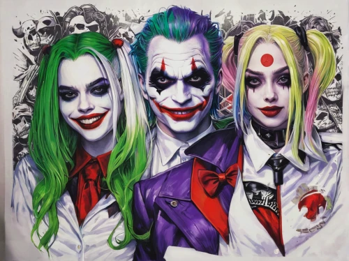 joker,comic characters,clowns,trio,personages,trinity,cartoon people,comiccon,bodypainting,body painting,jigsaw,vamps,nightshade family,three d,comic book,jigsaw puzzle,characters,comic books,costumes,cool pop art,Illustration,Japanese style,Japanese Style 11