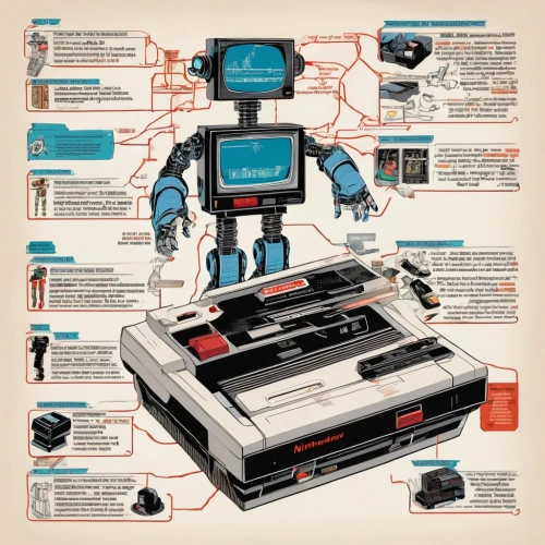 nintendo entertainment system,vector infographic,master system,video game console,retro technology,games console,sega master system,game consoles,game joystick,game console,gaming console,atari 2600,nes,40 years of the 20th century,electronic waste,video game console console,the style of the 80-ies,robotics,digitization,turbografx-16,Unique,Design,Infographics