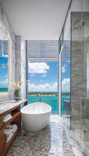 luxury bathroom,modern minimalist bathroom,bathtub,shower bar,luxury home interior,bathtub accessory,fisher island,glass wall,tub,glass tiles,shower base,luxury property,bathroom,interior modern design,shower door,window treatment,luxury,window with sea view,contemporary decor,great room,Conceptual Art,Oil color,Oil Color 17