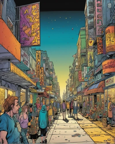 comic book bubble,kowloon,moc chau hill,kowloon city,sci fiction illustration,colorful city,busan night scene,china town,shopping street,fantasy city,background image,tokyo city,hong kong,hippy market,blind alley,cover,comic book,chinatown,bottleneck,shirakami-sanchi,Illustration,American Style,American Style 13