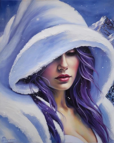 white fur hat,the snow queen,suit of the snow maiden,white rose snow queen,winter background,winterblueher,ice queen,winter dream,winter hat,la violetta,oil painting on canvas,the purple-and-white,white with purple,fantasy art,winter magic,art painting,snow landscape,oil painting,purple-white,white winter dress,Illustration,Realistic Fantasy,Realistic Fantasy 30