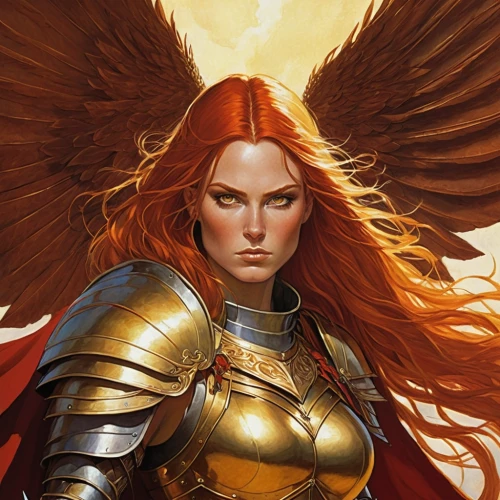 archangel,fire angel,the archangel,heroic fantasy,female warrior,joan of arc,paladin,fiery,phoenix,minerva,griffin,red chief,cockerel,angel,fire siren,monarch,fantasy woman,harpy,warrior woman,kestrel,Illustration,Realistic Fantasy,Realistic Fantasy 04