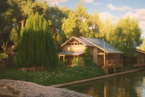 house by the water,render,house with lake,summer cottage,3d rendered,3d rendering,3d render,wooden houses,water mill,wooden house,boathouse,farmstead,floating huts,fisherman's house,the cabin in the mountains,log cabin,cottage,country cottage,house in the forest,small cabin,Game&Anime,Pixar 3D,Pixar 3D