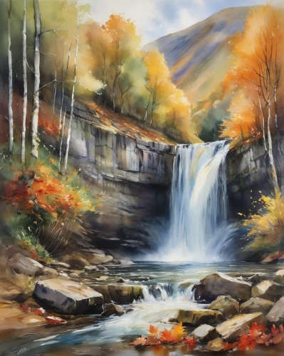 fall landscape,autumn landscape,bridal veil fall,brown waterfall,waterfall,water fall,ilse falls,ash falls,autumn background,autumn scenery,oil painting on canvas,water falls,waterfalls,oil painting,autumn idyll,fall foliage,falls of the cliff,falls,autumn mountains,mountain stream,Illustration,Paper based,Paper Based 11