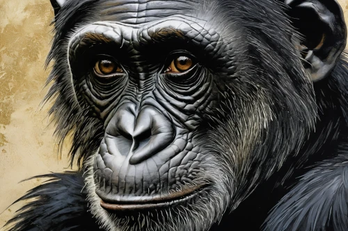 common chimpanzee,chimpanzee,celebes crested macaque,chimp,cercopithecus neglectus,siamang,colobus,bonobo,primate,animal portrait,guenon,great apes,macaque,gorilla,gibbon 5,primates,male portrait,baboon,anthropomorphized animals,ape,Illustration,Realistic Fantasy,Realistic Fantasy 29