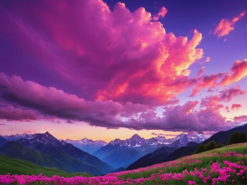 purple landscape,the valley of flowers,splendid colors,landscape mountains alps,beautiful landscape,bernese alps,fireweed,splendor of flowers,high alps,colorful background,the alps,alpine flowers,mountain sunrise,alps,japanese alps,alpine sunset,landscapes beautiful,landscape background,nature landscape,mountain landscape,Illustration,Realistic Fantasy,Realistic Fantasy 35