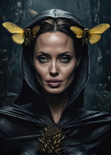 the enchantress,sorceress,fantasy woman,swath,angelina jolie,fantasy portrait,the witch,gatekeeper (butterfly),fae,dryad,queen of the night,queen bee,monarch,huntress,digital compositing,the night of kupala,medusa,heroic fantasy,faery,priestess,Conceptual Art,Fantasy,Fantasy 34