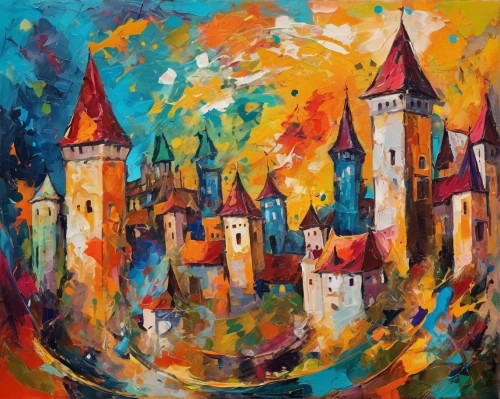 transylvania,medieval town,khokhloma painting,colorful city,sibiu,bran castle,church painting,krakow,sighisoara,knight village,medieval castle,medina,transilvania,dracula castle,jerusalem,dubrovnik city,fairy tale castle,knight's castle,castles,cluj,Conceptual Art,Oil color,Oil Color 20