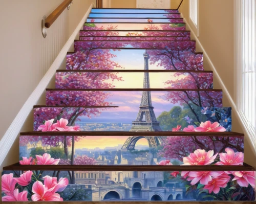 outside staircase,flower wall en,wall decoration,decorative art,stairway to heaven,wall painting,nursery decoration,staircase,stairway,stairwell,heavenly ladder,room divider,stair,wall decor,stairs,house painting,interior decoration,glass painting,wall sticker,flower painting,Illustration,Realistic Fantasy,Realistic Fantasy 03