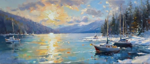 winter lake,boat landscape,lake louise,painting technique,oil painting on canvas,winter landscape,boats,emerald lake,oil painting,whistler,oil on canvas,fishing boats,row boats,rippon,winter light,sailboats,lake shore,mountain lake,heaven lake,row boat,Illustration,Realistic Fantasy,Realistic Fantasy 19