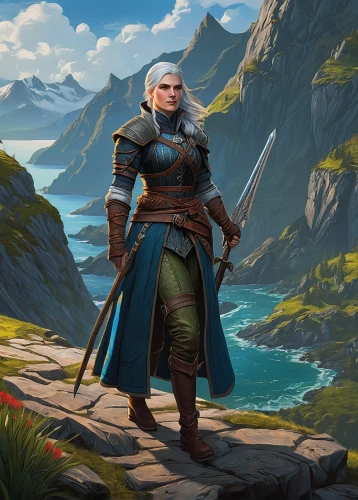 fjord,male elf,dwarf sundheim,witcher,female warrior,northrend,mountain guide,lysefjord,bordafjordur,elven,sterntaler,trolltunga,norse,heroic fantasy,adventurer,dane axe,fjords,kadala,violet head elf,thermokarst,Illustration,American Style,American Style 01