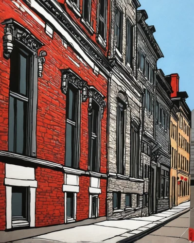 row houses,townhouses,street scene,red brick,red bricks,narrow street,the cobbled streets,city buildings,townscape,facade painting,cobblestones,cobblestone,street view,greystreet,buildings,old buildings,old linden alley,the street,town buildings,speicherstadt,Illustration,American Style,American Style 09