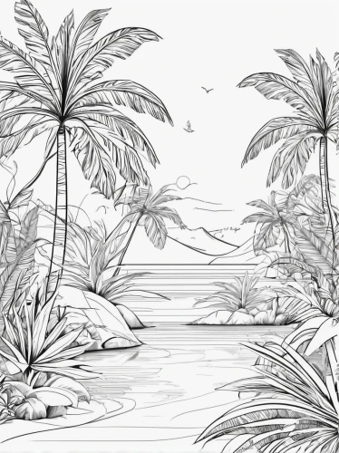 tropical floral background,tropical sea,backgrounds,coconut trees,palm leaves,tropical house,botanical line art,palmtrees,palm field,palm branches,tropical island,palm garden,beach scenery,summer line art,tropical beach,palm forest,beach landscape,background vector,palm pasture,coconut palms,Illustration,Black and White,Black and White 04