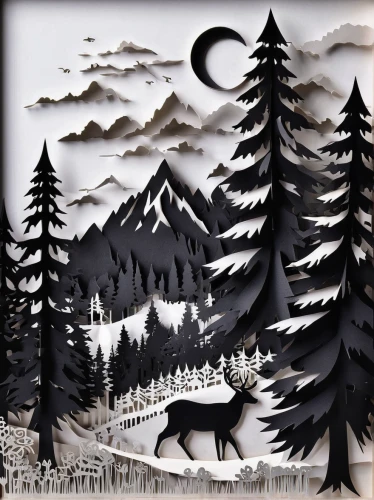 snow landscape,mountain scene,snow scene,winter landscape,david bates,snowy landscape,black landscape,cool woodblock images,winter background,snow drawing,forest landscape,mountainous landscape,moonlit night,mountain landscape,night snow,salt meadow landscape,night scene,coniferous forest,snow trees,christmas landscape,Unique,Paper Cuts,Paper Cuts 04