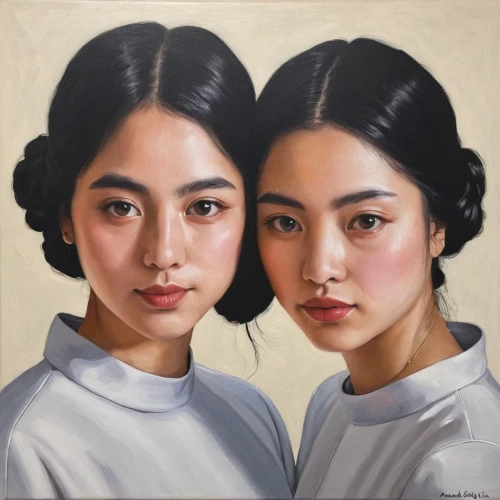 han thom,janome chow,kaew chao chom,vietnamese woman,oil painting on canvas,asian woman,two girls,japanese woman,girl portrait,asian vision,oil on canvas,mari makinami,shirakami-sanchi,junshan yinzhen,vietnam's,oil painting,chinese art,luo han guo,vintage asian,portrait of a girl,Illustration,Japanese style,Japanese Style 17