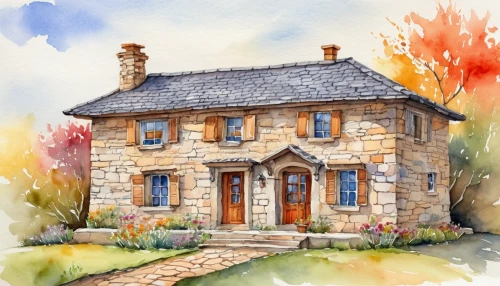 country cottage,house drawing,house painting,cottage,stone house,lincoln's cottage,traditional house,summer cottage,home landscape,houses clipart,country house,autumn colouring,small house,thatched cottage,watercolor,old house,farmhouse,farm house,stone houses,little house,Illustration,Paper based,Paper Based 24