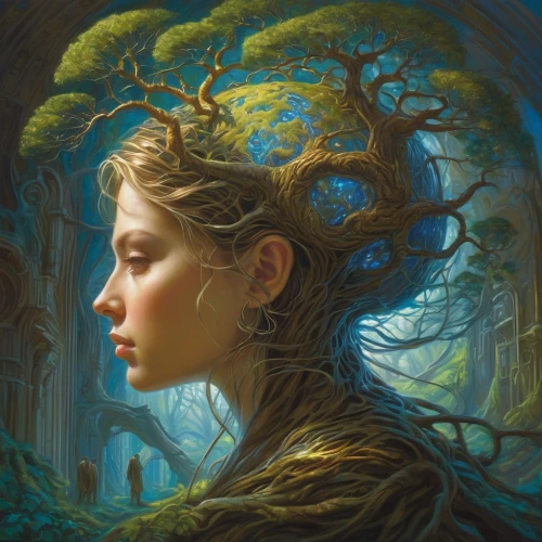 dryad,mystical portrait of a girl,girl with tree,faerie,faery,fantasy portrait,fantasy art,the enchantress,fae,fantasy picture,elven,forest of dreams,heroic fantasy,elven forest,enchanted forest,girl in a wreath,secret garden of venus,sci fiction illustration,blue enchantress,the branches of the tree,Illustration,Realistic Fantasy,Realistic Fantasy 03